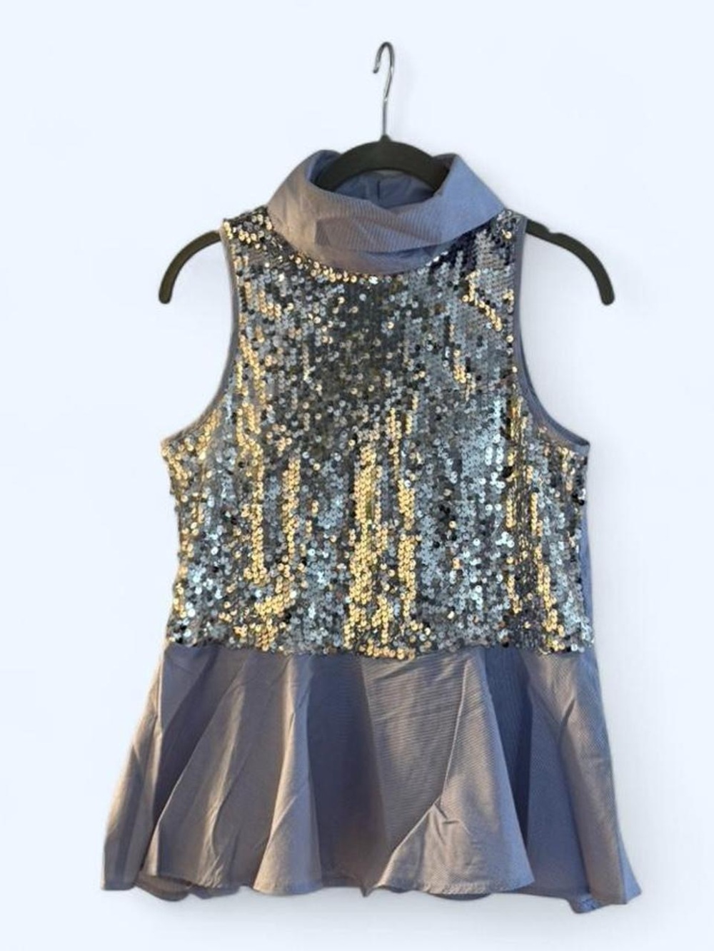Zara Silver Sequin Mock-Neck Peplum Top
